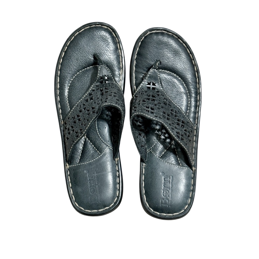 Born Womens Black/Navy Casual Leather Artisan Laser Cut Thong Sandals Size 8/39